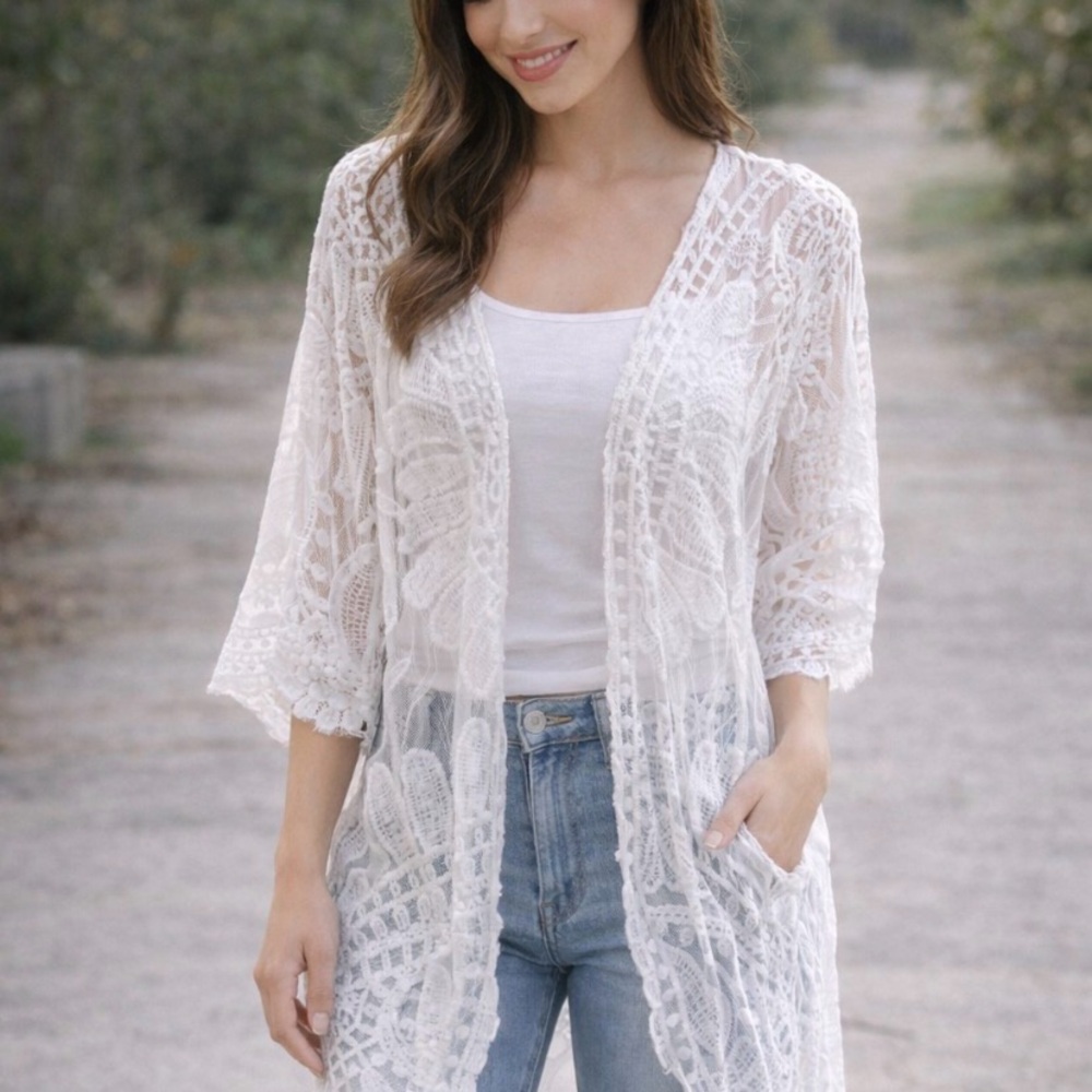 Women’s White Lace Beach Cover-Up Kimono